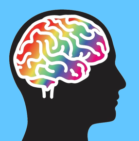 Silhouette of a person's profile with a stylized brain coloured with a rainbow.